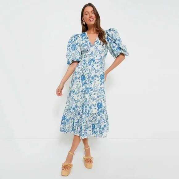 Tuckernuck HYACINTH HOUSE Blue Woodland Floral Lindley Cotton Midi Dress Large - Picture 1 of 17